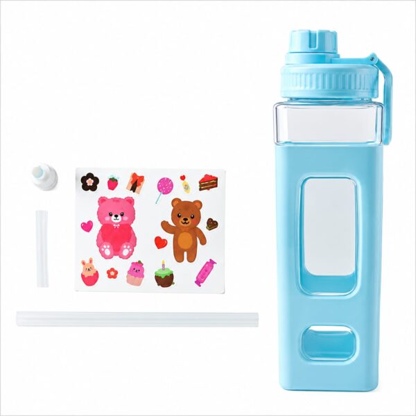 Kawaii 900ml Square Clear Water Bottle with Protective Silicone Sleeve, Straw & DIY Cute Stickers